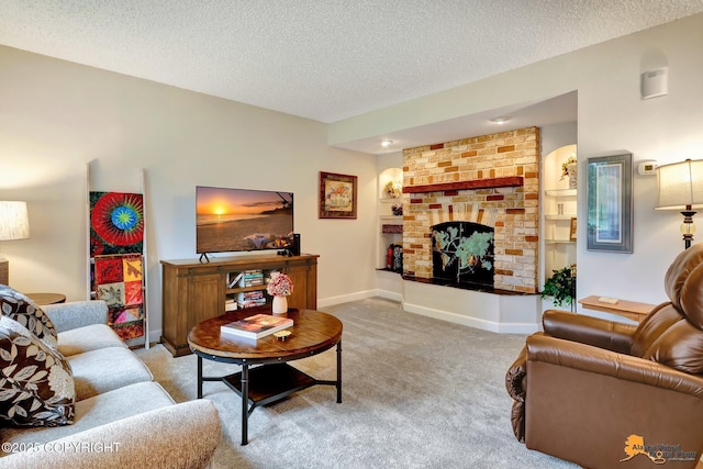 4840 Bryn Mawr Ct Unit 3, Anchorage, AK 99508 - living area with carpet, a textured ceiling, and a brick fireplace