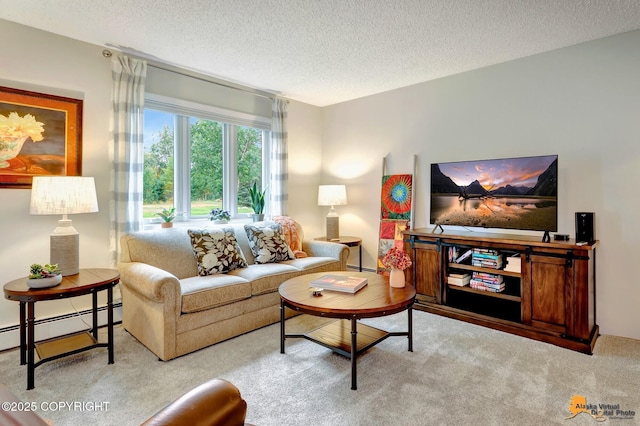 4840 Bryn Mawr Ct Unit 3, Anchorage, AK 99508 - living area featuring a baseboard heating unit, carpet floors, and a textured ceiling