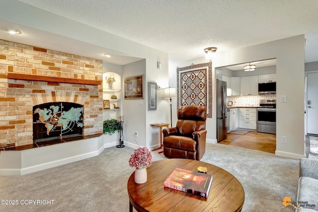 4840 Bryn Mawr Ct Unit 3, Anchorage, AK 99508 - living room with light carpet, a textured ceiling, and a brick fireplace
