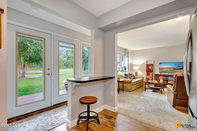 4840 Bryn Mawr Ct Unit 3, Anchorage, AK 99508 - kitchen featuring healthy amount of natural light, wood finished floors, french doors, and a breakfast bar area