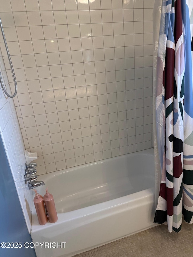 2090 Dimond Dr, Anchorage, AK 99507 - full bathroom featuring shower / tub combo with curtain and tile patterned flooring