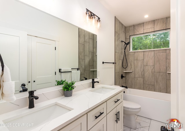 365 W Crestwood Ave, Wasilla, AK 99654 - full bath featuring marble finish flooring, double vanity, shower / bathtub combination, and recessed lighting