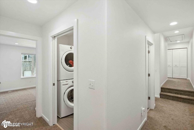 2350 Canary Ct, Anchorage, AK 99515 - washroom featuring stacked washer / dryer, carpet, and recessed lighting