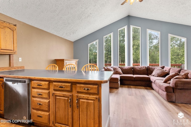 3021 N Arctic Fox Dr, Wasilla, AK 99654 - kitchen featuring stainless steel dishwasher, a textured ceiling, lofted ceiling, a peninsula, and plenty of natural light