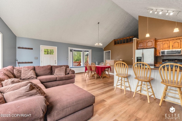 3021 N Arctic Fox Dr, Wasilla, AK 99654 - living area featuring a textured ceiling, light wood-type flooring, high vaulted ceiling, and rail lighting
