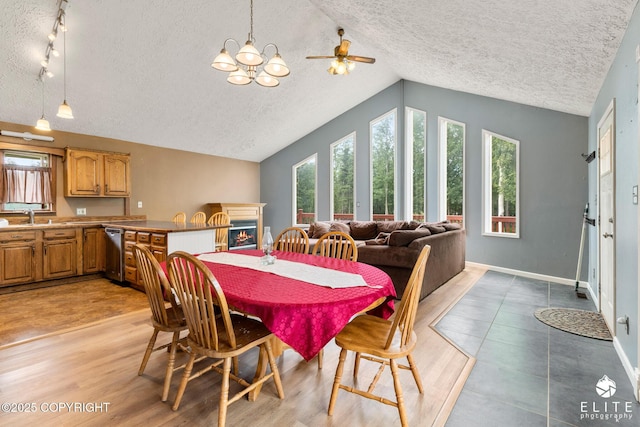 3021 N Arctic Fox Dr, Wasilla, AK 99654 - dining room featuring a textured ceiling, a lit fireplace, a chandelier, high vaulted ceiling, and a ceiling fan