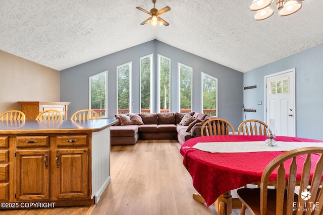 3021 N Arctic Fox Dr, Wasilla, AK 99654 - dining room with a textured ceiling, vaulted ceiling, light wood finished floors, a chandelier, and a ceiling fan