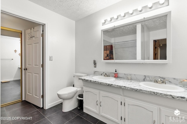 3021 N Arctic Fox Dr, Wasilla, AK 99654 - full bathroom with double vanity, tile patterned flooring, a textured ceiling, and a shower with curtain
