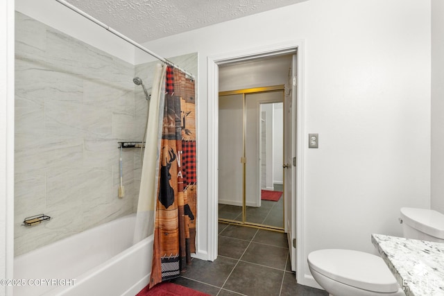 3021 N Arctic Fox Dr, Wasilla, AK 99654 - full bathroom with tile patterned flooring, shower / tub combo with curtain, vanity, and a textured ceiling
