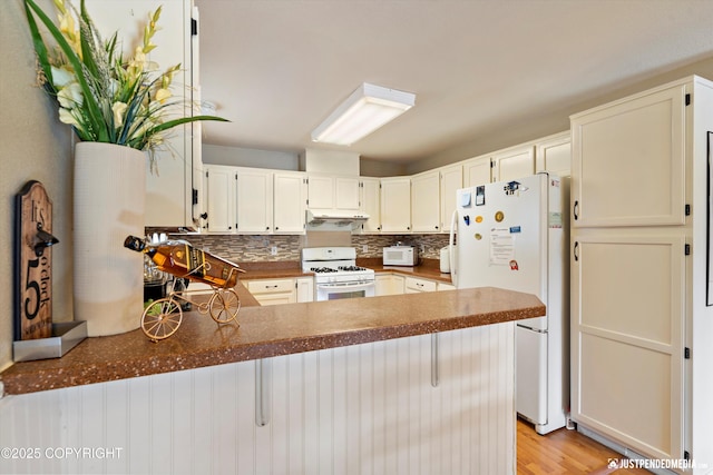 4060 Defiance St, Anchorage, AK 99504 - kitchen featuring white appliances, a peninsula, decorative backsplash, under cabinet range hood, and light wood finished floors