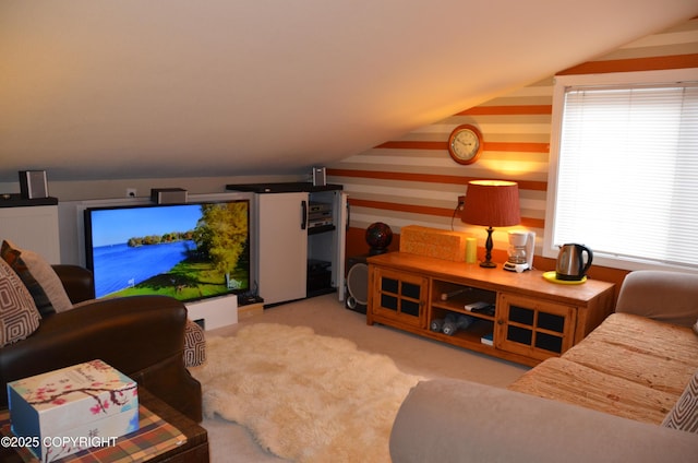 4060 Defiance St, Anchorage, AK 99504 - living room featuring wallpapered walls, vaulted ceiling, and carpet