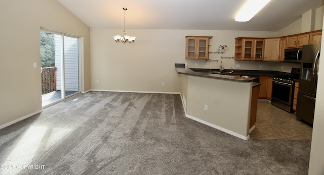 11613 Birch Knoll Loop, Anchorage, AK 99515 - kitchen featuring lofted ceiling, appliances with stainless steel finishes, dark countertops, carpet, and a peninsula