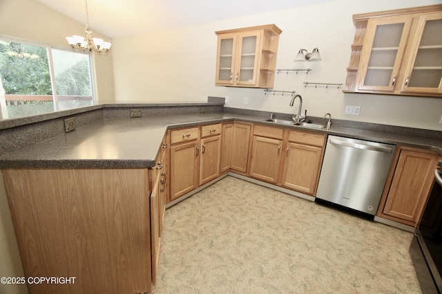 11613 Birch Knoll Loop, Anchorage, AK 99515 - kitchen featuring dishwasher, open shelves, dark countertops, and vaulted ceiling