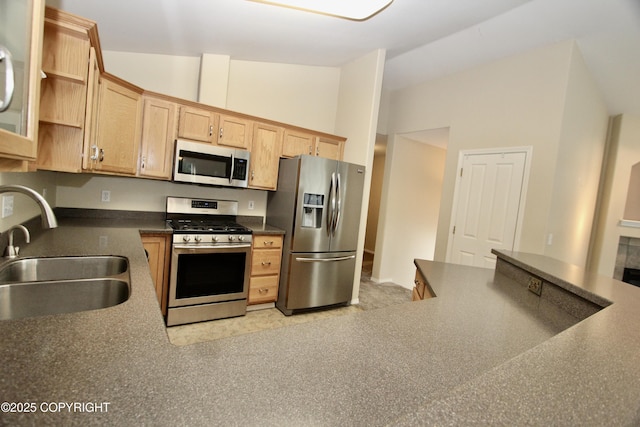 11613 Birch Knoll Loop, Anchorage, AK 99515 - kitchen with appliances with stainless steel finishes, dark countertops, open shelves, lofted ceiling, and light brown cabinetry