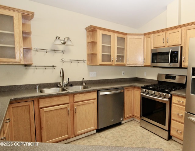 11613 Birch Knoll Loop, Anchorage, AK 99515 - kitchen featuring stainless steel appliances, open shelves, vaulted ceiling, dark countertops, and glass insert cabinets
