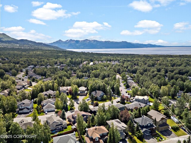 3561 Eastwind Dr, Anchorage, AK 99516 - aerial view of residential area featuring a heavily wooded area and a mountain backdrop
