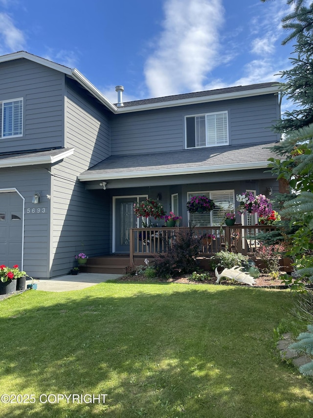 5693 Yukon Charlie Loop, Anchorage, AK 99502 - traditional home featuring covered porch and a front lawn