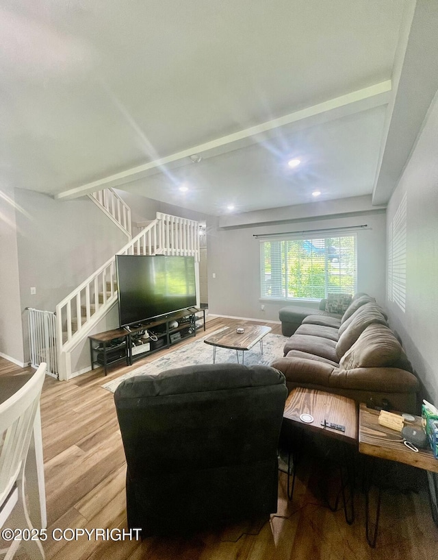 2711 N Woodfield Dr, Wasilla, AK 99654 - living room featuring wood finished floors, stairs, and recessed lighting