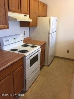 1911 Marthas Vineyard Cir, Anchorage, AK 99507 - kitchen with white electric range, brown cabinetry, and under cabinet range hood