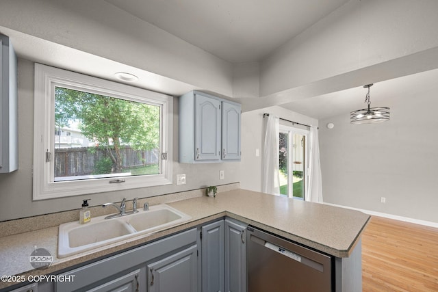 9645 Nulato Cir, Eagle River, AK 99577 - kitchen with stainless steel dishwasher, a peninsula, gray cabinetry, pendant lighting, and light wood-type flooring