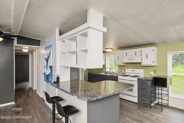 1801 W That Rd, Wasilla, AK 99623 - kitchen with white gas range, under cabinet range hood, open shelves, dark wood finished floors, and white cabinetry