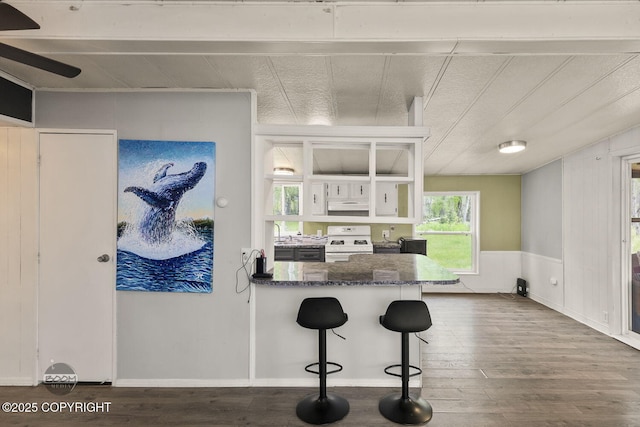 1801 W That Rd, Wasilla, AK 99623 - kitchen with white gas stove, under cabinet range hood, wood finished floors, and a breakfast bar