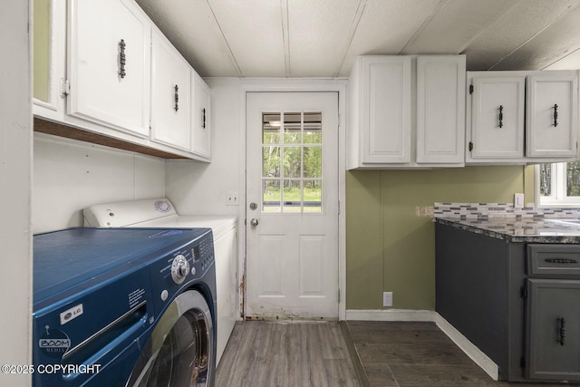 1801 W That Rd, Wasilla, AK 99623 - laundry area with cabinet space, separate washer and dryer, and dark wood-type flooring