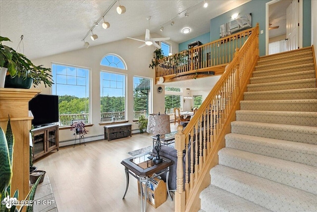 48350 Lakeside Ave, Soldotna, AK 99669 - stairway with wood finished floors, a baseboard heating unit, ceiling fan, rail lighting, and lofted ceiling