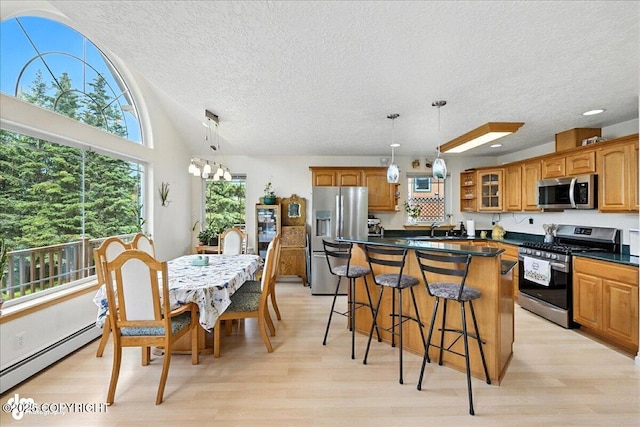 48350 Lakeside Ave, Soldotna, AK 99669 - kitchen featuring stainless steel appliances, a baseboard heating unit, light wood-type flooring, a textured ceiling, and a breakfast bar