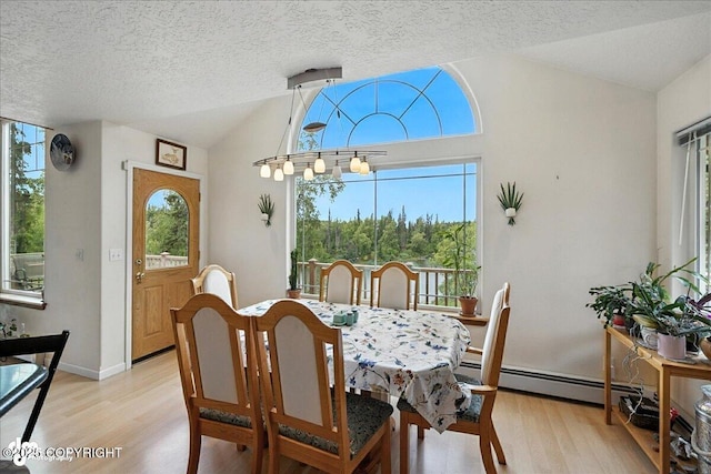 48350 Lakeside Ave, Soldotna, AK 99669 - dining room with a baseboard heating unit, light wood-style flooring, vaulted ceiling, and a textured ceiling