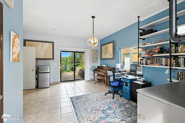 48350 Lakeside Ave, Soldotna, AK 99669 - home office with light tile patterned floors and a chandelier