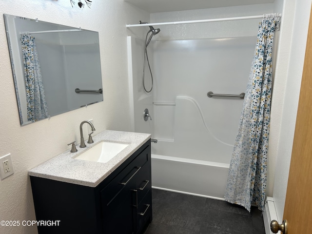 172 Linda Ln, Soldotna, AK 99669 - bathroom featuring vanity, a baseboard radiator, and shower / bath combination with curtain