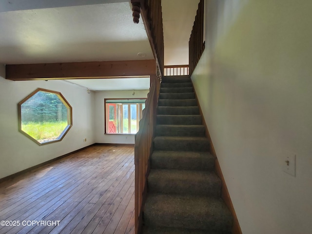 35196 Nordic Ct, Anchor Point, AK 99556 - staircase featuring wood-type flooring and beamed ceiling