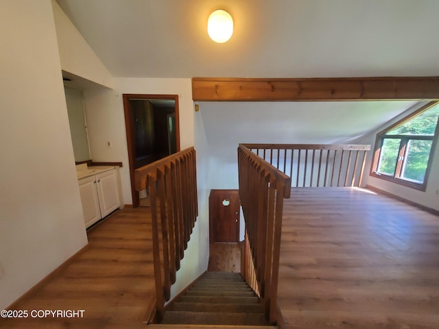35196 Nordic Ct, Anchor Point, AK 99556 - stairs featuring wood finished floors and vaulted ceiling