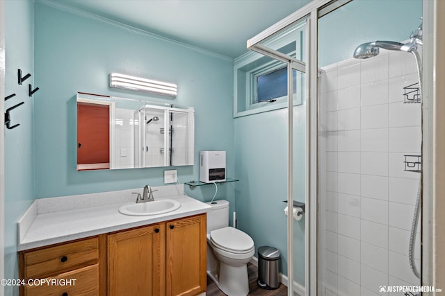 1334 K St, Anchorage, AK 99501 - full bathroom with a stall shower, vanity, and crown molding