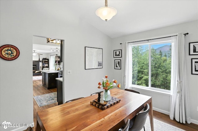 21009 River Park Dr, Eagle River, AK 99577 - dining area with lofted ceiling, wood finished floors, and a ceiling fan