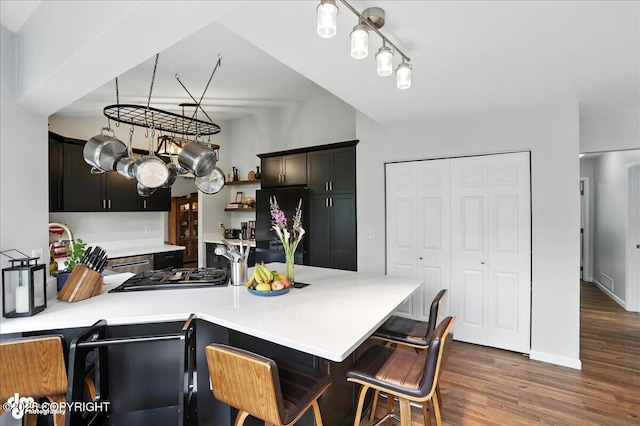 21009 River Park Dr, Eagle River, AK 99577 - kitchen with freestanding refrigerator, dark wood-style flooring, a peninsula, light countertops, and a kitchen bar