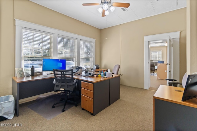 office area with light carpet, ceiling fan, and a wealth of natural light