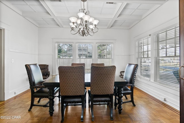 dining area with an inviting chandelier, coffered ceiling, beam ceiling, and light parquet floors