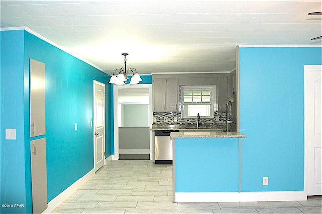 kitchen with decorative light fixtures, backsplash, a notable chandelier, dishwasher, and crown molding