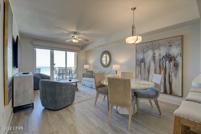 dining room with light hardwood / wood-style floors, ceiling fan, and a textured ceiling