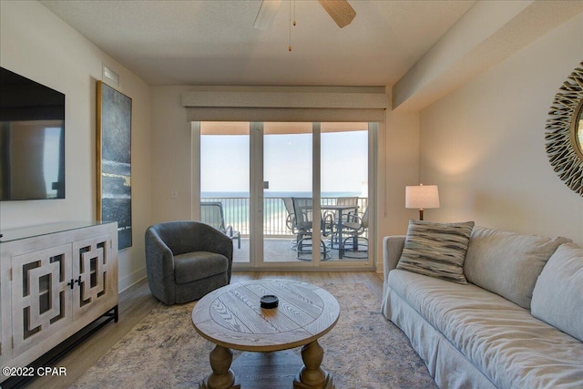 living room featuring light hardwood / wood-style floors and ceiling fan