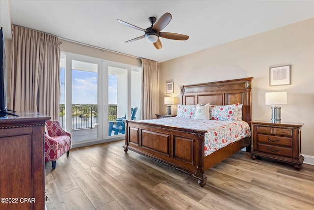 bedroom with ceiling fan, access to exterior, and light hardwood / wood-style flooring