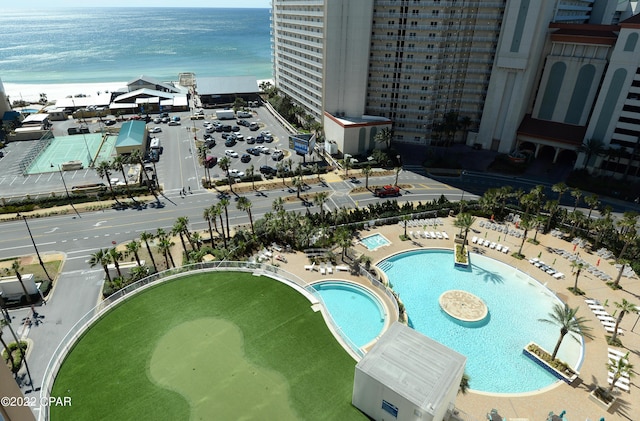 drone / aerial view with a water view