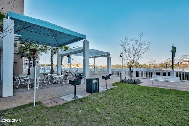 view of nearby features featuring a pergola, a patio area, and a yard