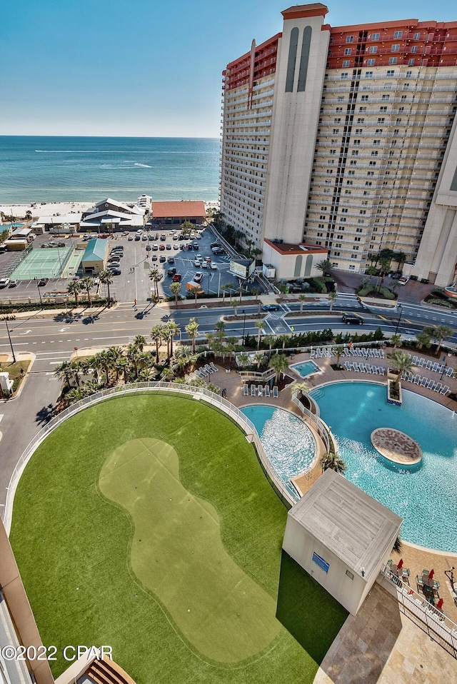 drone / aerial view featuring a water view