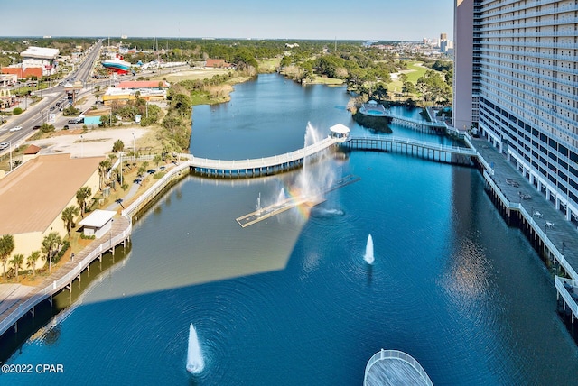 bird's eye view with a water view