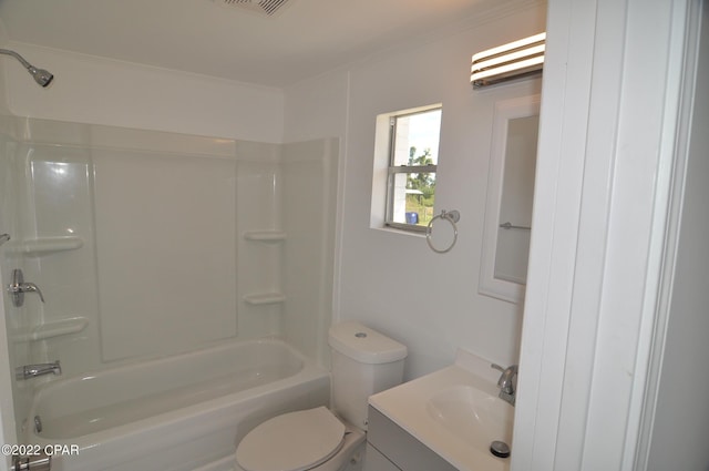 full bathroom featuring shower / bathtub combination, toilet, and vanity