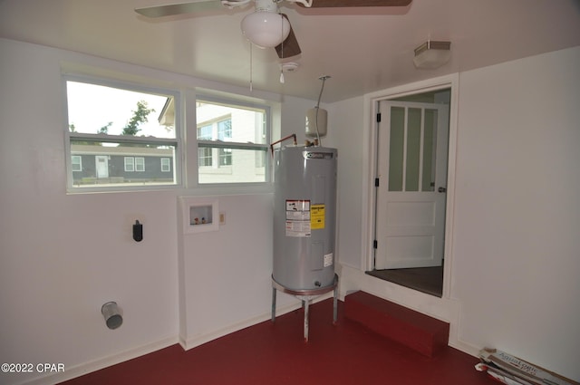 clothes washing area with washer hookup, electric water heater, hookup for an electric dryer, and ceiling fan