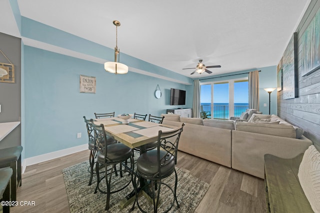 dining space featuring hardwood / wood-style floors and ceiling fan